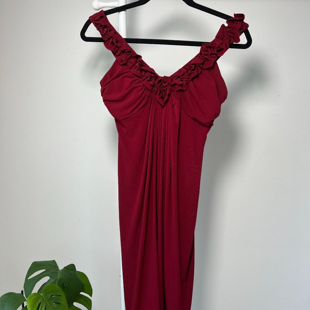 Vintage Red Wide-Neck Silky Midi Dress
